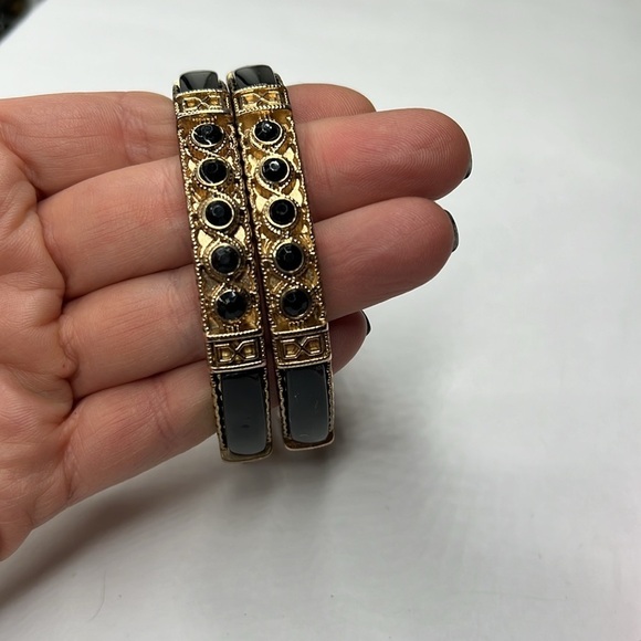 Set of 2 Goldtone Black Enamel and Crystal Cabochons Vintage Bangles - Picture 4 of 7
